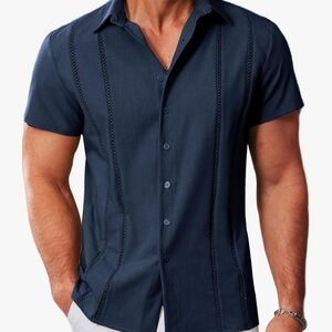 Navy Blue Cuban Guayabera Casual Button Down Shirt with Pintuck Pleats
